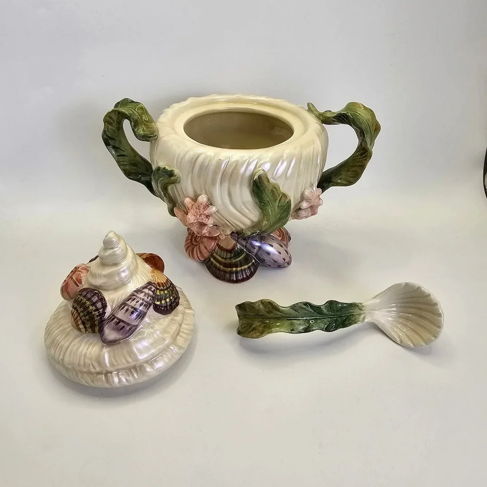 Fitz & Floyd Classics Seashell Covered Sugar Bowl w Spoon Coral Shell Vintage